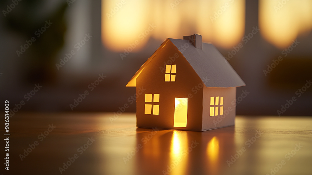 A lit paper house model sits on a table during sunset creating a warm, cozy atmosphere