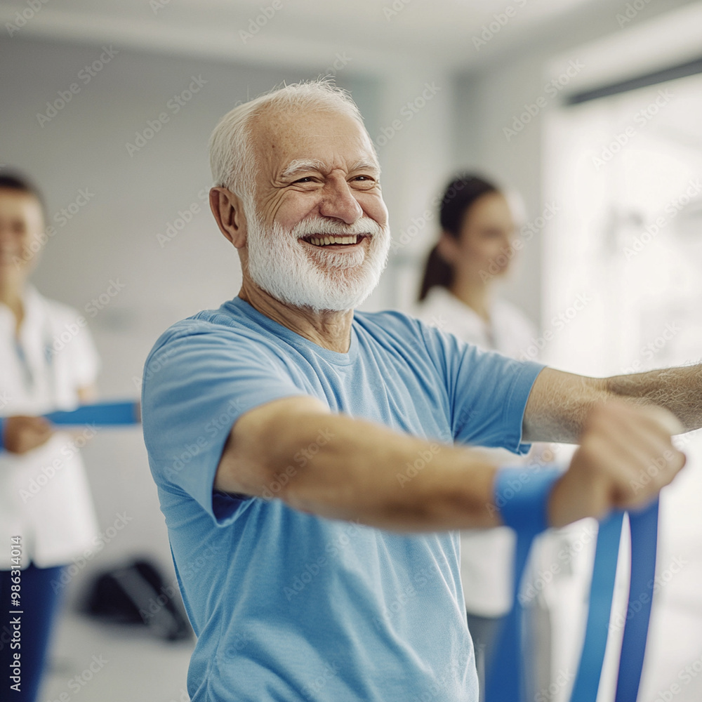 Fototapeta premium nurse doctor senior care exercise physical therapy exercising help assistence happy strong physiotherapy strech band clinic therapist elderly mannurse doctor senior care exercise physical therapy exer