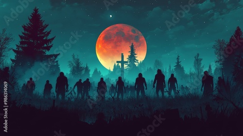 Mysterious figures wander through a dark forest under a glowing full moon at ...