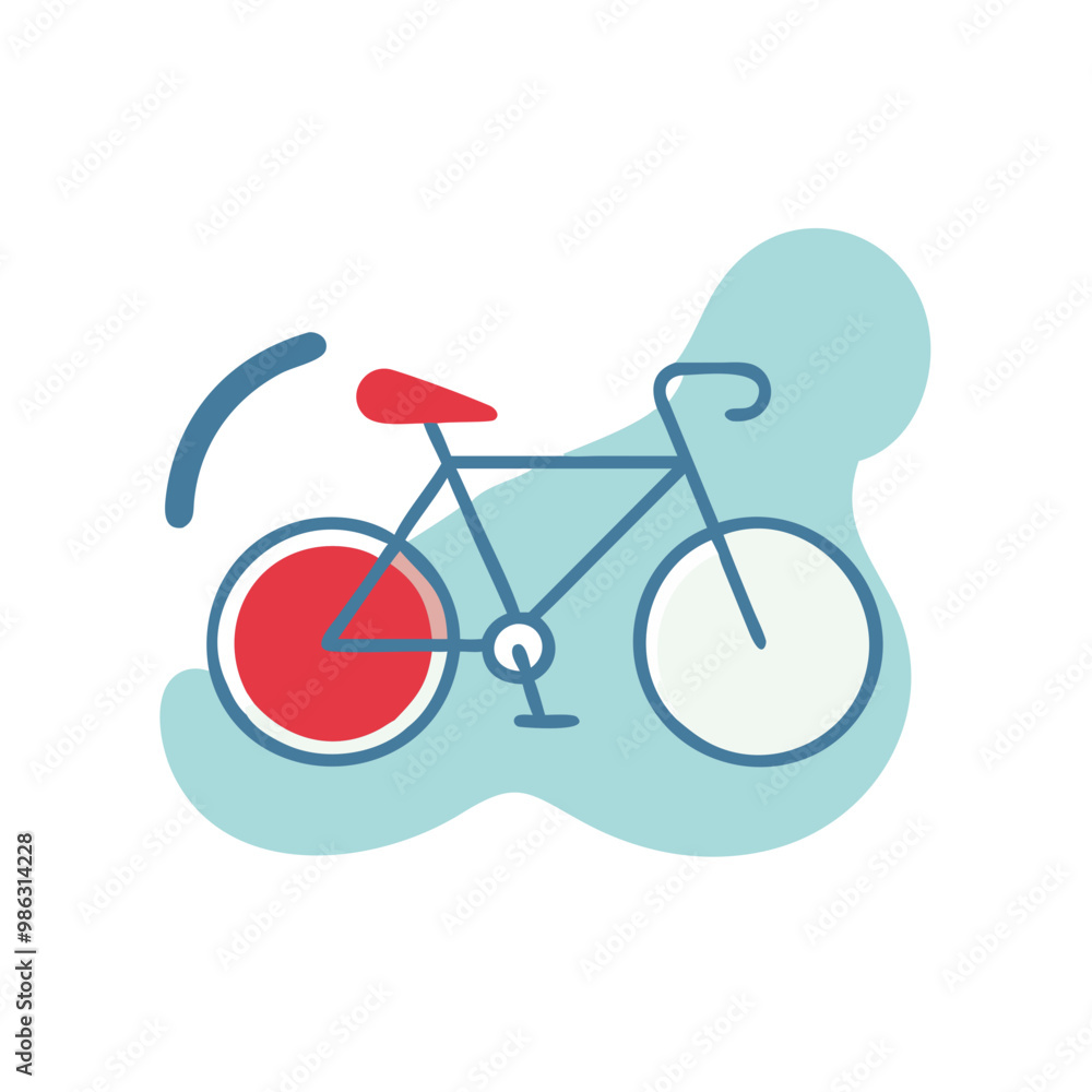 A bicycle with a red seat and a red wheel. The bike is shown in a blue and white color scheme A bicycle with a red seat and a red wheel. The bike is shown in a blue and white color scheme