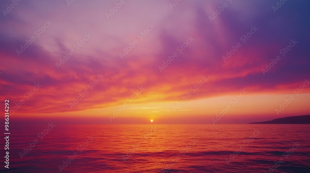 Obraz premium Vibrant sunset sky with a mix of soft orange, pink, and purple tones above a calm sea