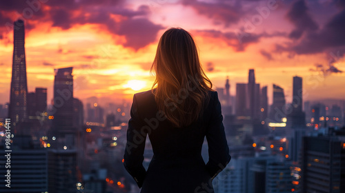 Woman gazing at a stunning sunset over a vibrant skyline in a bustling city