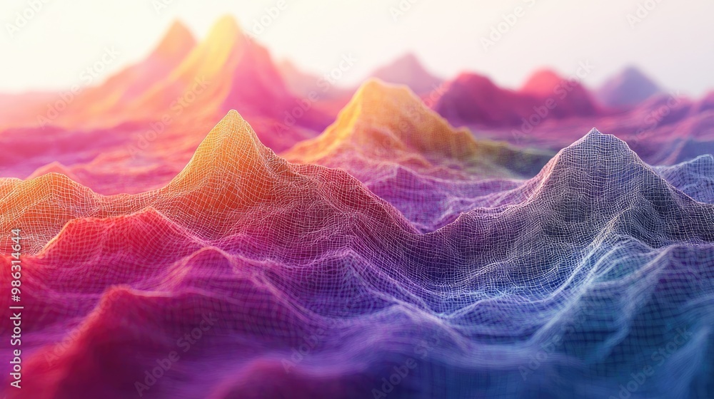 Fototapeta premium A digital wireframe landscape of colorful mountains, with a strong depth of field effect, enhancing the sense of perspective and distance.
