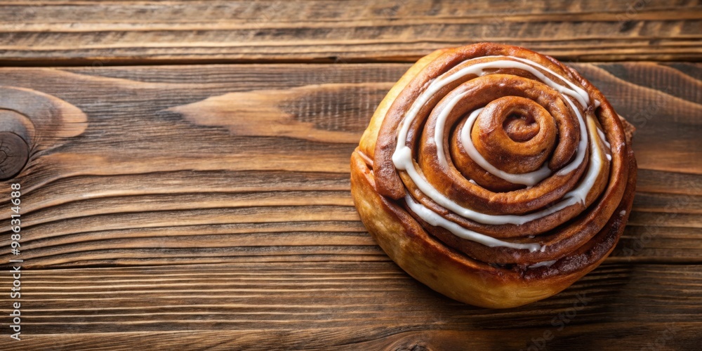 Top view of a homemade cinnamon roll on a wooden table with copy space Top view of a homemade cinnamon roll on a wooden table with copy space