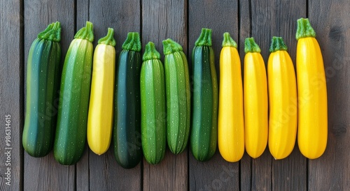Fresh yellow and green zucchinis on rustic wooden backdrop in a natural light...