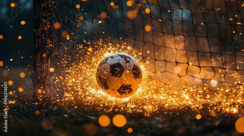 A glowing soccer ball bursts into the net during an exciting match under stad...