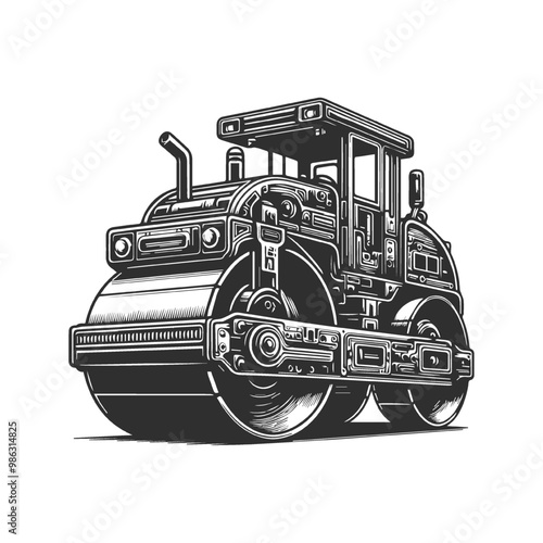 Monochrome style of color steamroller on white background. 