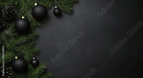 Festive black background with evergreen branches, pinecones, and black orname...