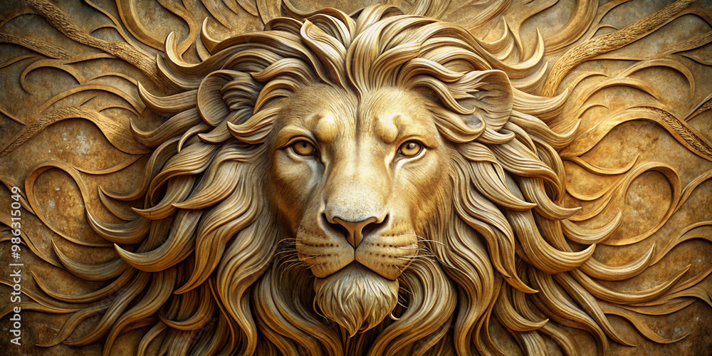 Design a breathtaking 3D mural with a lifelike lion relief at its center. The lion’s mane should flow gracefully with intricate detailing, while the background offers a smooth stone texture with hints Design a breathtaking 3D mural with a lifelike lion relief at its center. The lion’s mane should flow gracefully with intricate detailing, while the background offers a smooth stone texture with hints