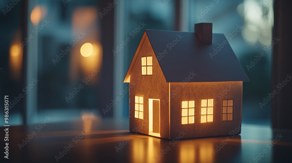 A cozy lit-up miniature house model displayed on a table during twilight hours A cozy lit-up miniature house model displayed on a table during twilight hours
