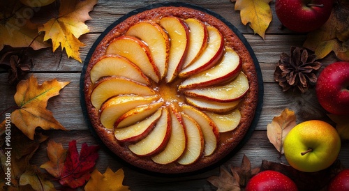 Freshly baked apple cake decorated with sliced apples and autumn leaves on a ...