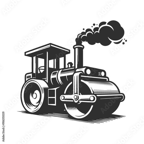 Monochrome style of color steamroller on white background. 