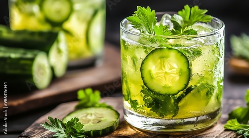 Refreshing cucumber and herb-infused drink in a glass on a wooden table with ...