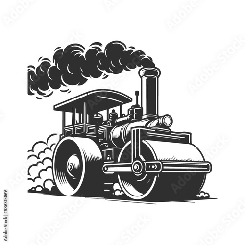 Monochrome style of color steamroller on white background. 