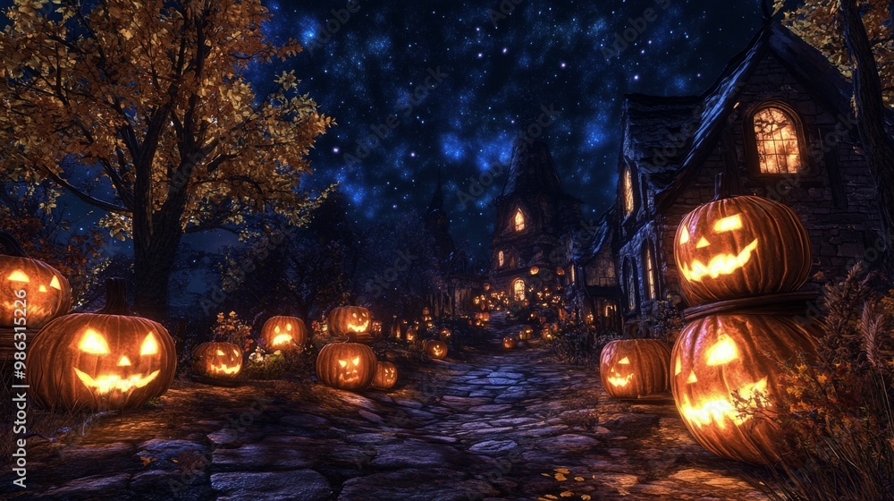 A spooky pathway illuminated by glowing jack-o'-lanterns on a misty Halloween night A spooky pathway illuminated by glowing jack-o'-lanterns on a misty Halloween night