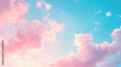 Delicate blue and pink pastel sky with light clouds as the sun sets
