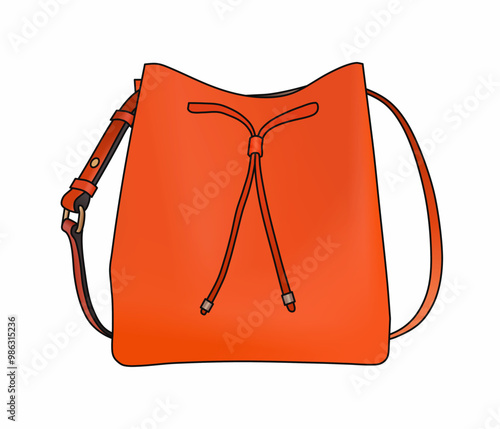 Orange Bucket Bag, Female Shoulder Bag, Crossbody Bags Design Isolated In White Background, Realistic Fashion Vector