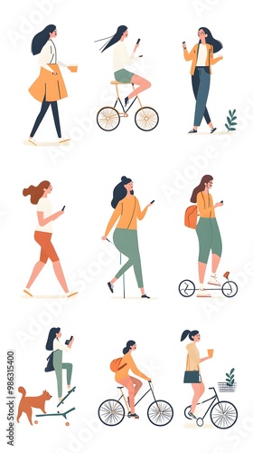 Wallpaper Mural Vector illustration of people in different poses, riding bicycles and walking dogs on a white background, with a flat design, minimalist style, simple shapes, and a vector art style. Torontodigital.ca