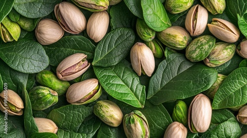 Pistachios scattered on a dark slate background, showcasing their natural col...