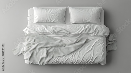 Cozy white bed with rumpled blankets and pillows in a minimalist bedroom setting