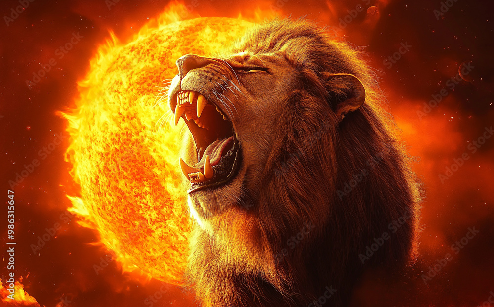 Naklejka premium A lion roaring near burning sphere
