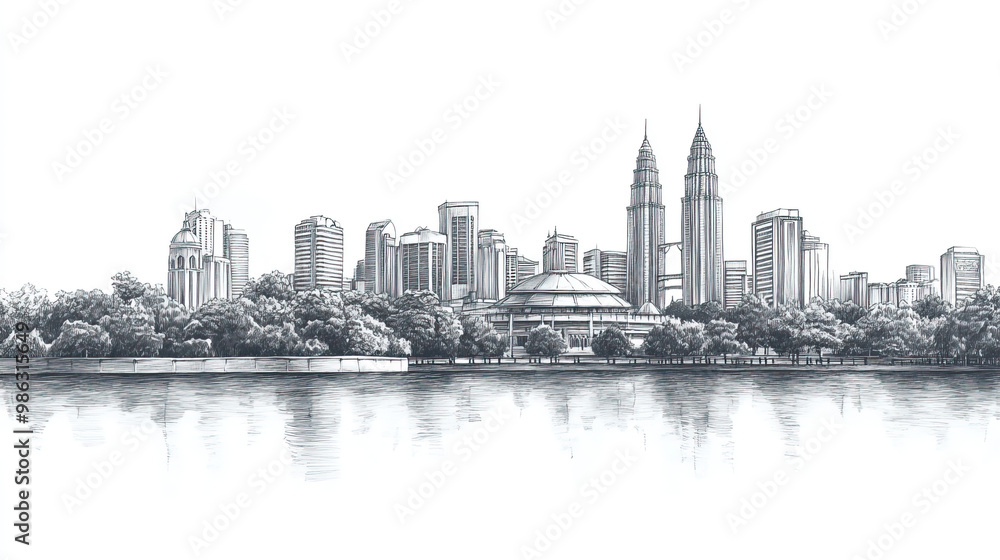 Obraz premium Kuching, Malaysia, black and white pen pencil hand-drawn effect drawing illustration for travel poster, card, wallpaper, backdrop or banner. Modern, clear, artistic and simple