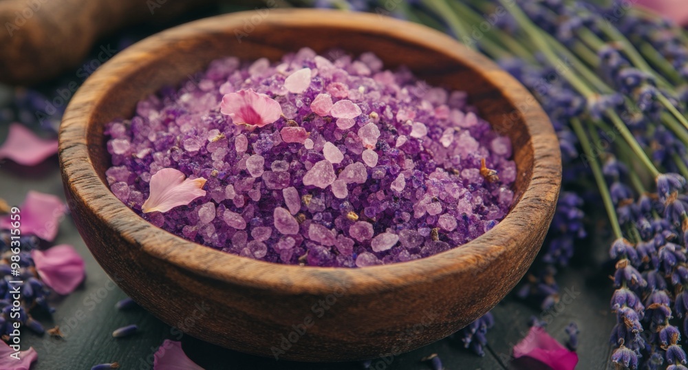 Relaxing lavender bath salts in a wooden bowl with dried flowers nearby in a tranquil setting Relaxing lavender bath salts in a wooden bowl with dried flowers nearby in a tranquil setting