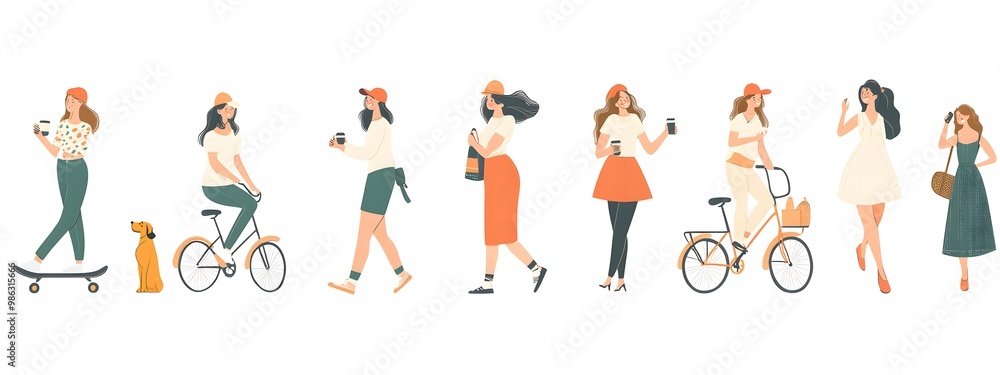 custom made wallpaper toronto digitalVector illustration of people in different poses, riding bicycles and walking dogs on a white background, with a flat design, minimalist style, simple shapes, and a vector art style.