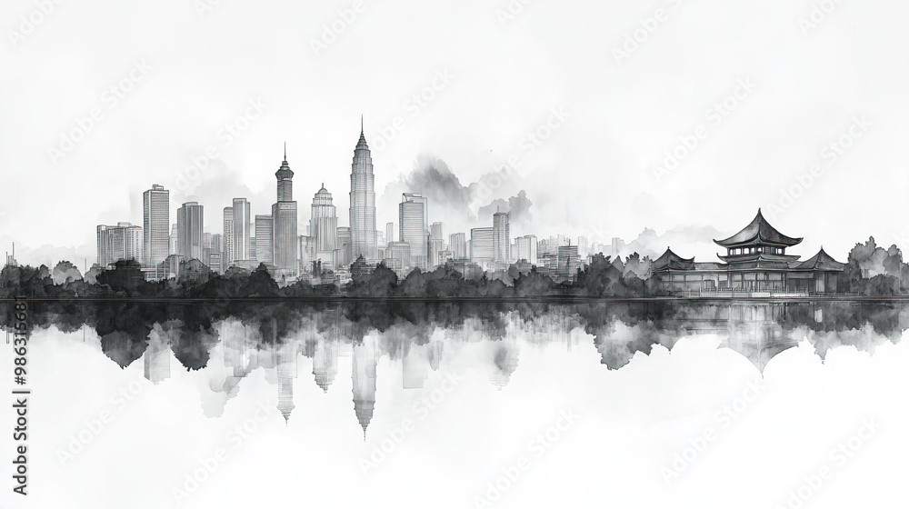 Obraz premium Kuching, Malaysia, black and white pen pencil hand-drawn effect drawing illustration for travel poster, card, wallpaper, backdrop or banner. Modern, clear, artistic and simple