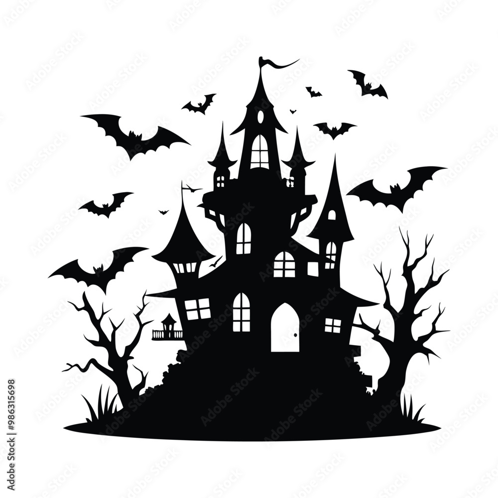 A haunted house with trees, cobwebs and bats flying around the house. Black and white illustration A haunted house with trees, cobwebs and bats flying around the house. Black and white illustration