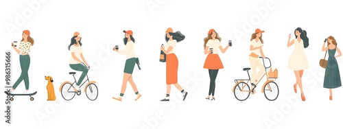 Wallpaper Mural Vector illustration of people in different poses, riding bicycles and walking dogs on a white background, with a flat design, minimalist style, simple shapes, and a vector art style. Torontodigital.ca
