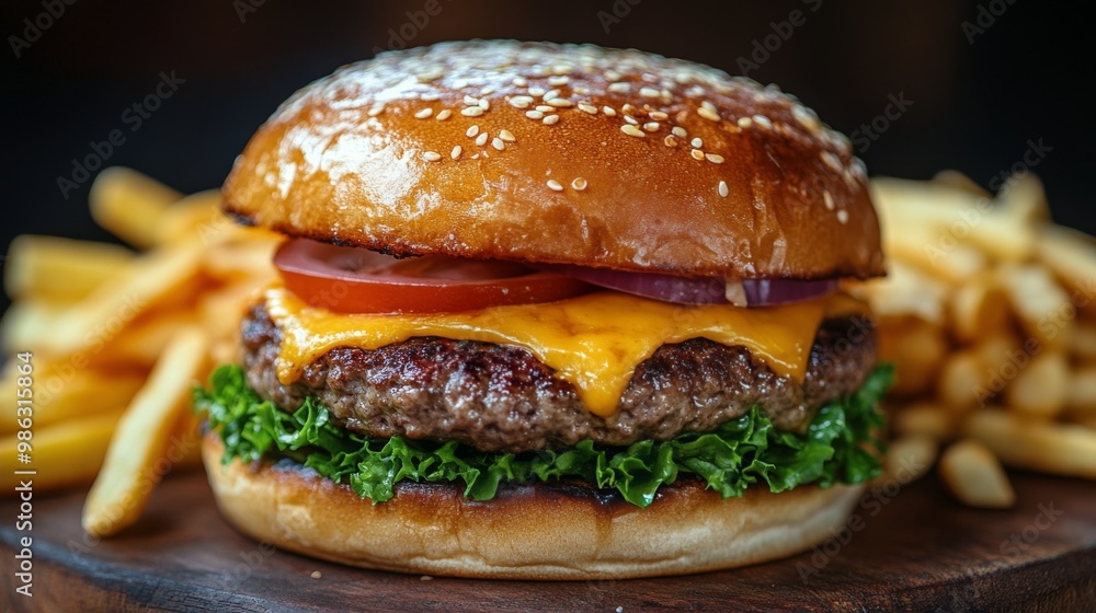 Delicious cheeseburger with lettuce, tomato, and onion served with golden fries on a wooden platter Delicious cheeseburger with lettuce, tomato, and onion served with golden fries on a wooden platter