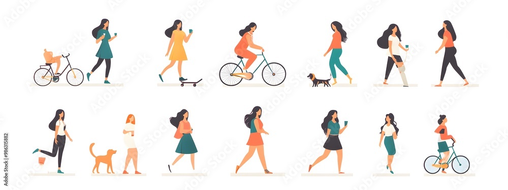 Vector illustration of people in different poses, riding bicycles and walking dogs on a white background, with a flat design, minimalist style, simple shapes, and a vector art style. Vector illustration of people in different poses, riding bicycles and walking dogs on a white background, with a flat design, minimalist style, simple shapes, and a vector art style.