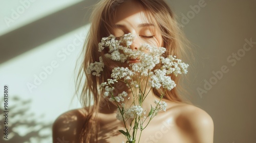 Young woman holding delicate white flowers in a softly lit room with natural ...