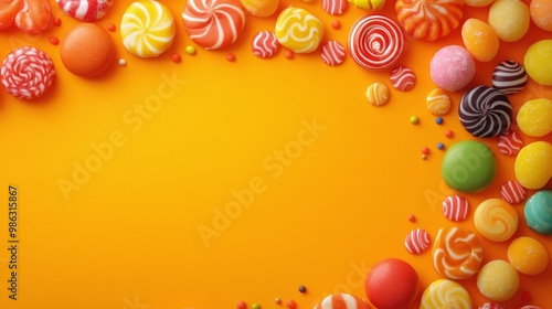 Brightly colored candies arranged on an orange background for a festive desse...