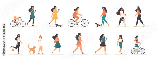 Wallpaper Mural Vector illustration of people in different poses, riding bicycles and walking dogs on a white background, with a flat design, minimalist style, simple shapes, and a vector art style. Torontodigital.ca