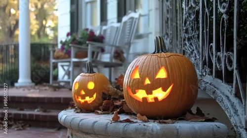 Festive carved pumpkins on a porch with autumn leaves during the Halloween se...