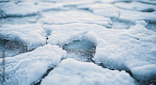Snowy ice pattern with patches of frost on a cold winter morning in a remote ...