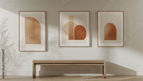 Stylish interior showcasing three modern art pieces in warm tones against a m...