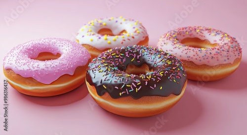 Colorful donuts with frosting and sprinkles arranged on a pink background for...