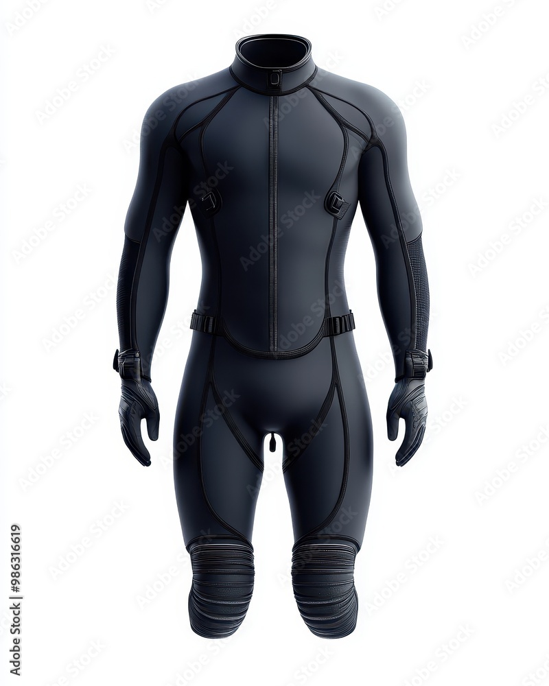 A sleek black wetsuit designed for optimal performance and comfort in water sports or diving activities, white background A sleek black wetsuit designed for optimal performance and comfort in water sports or diving activities, white background