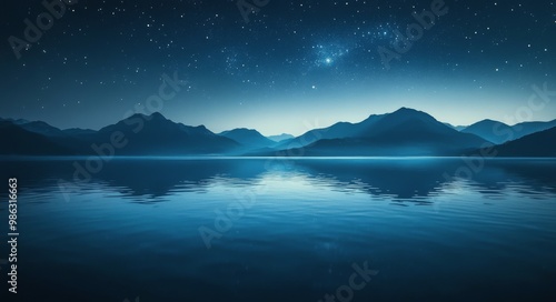 Serene night over the calm lake reflecting a starry sky and distant mountain ...
