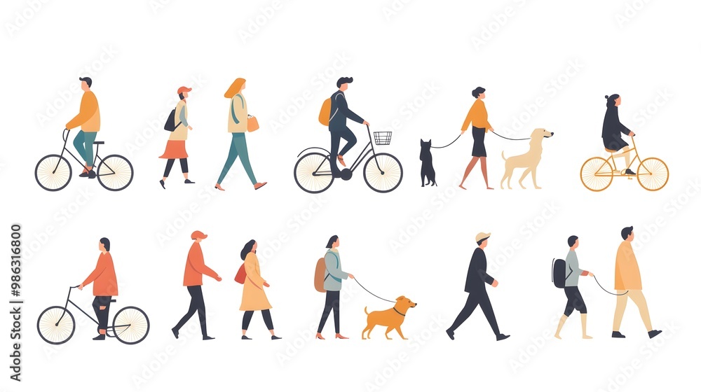 custom made wallpaper toronto digitalVector illustration of people in different poses, riding bicycles and walking dogs on a white background, with a flat design, minimalist style, simple shapes, and a vector art style.