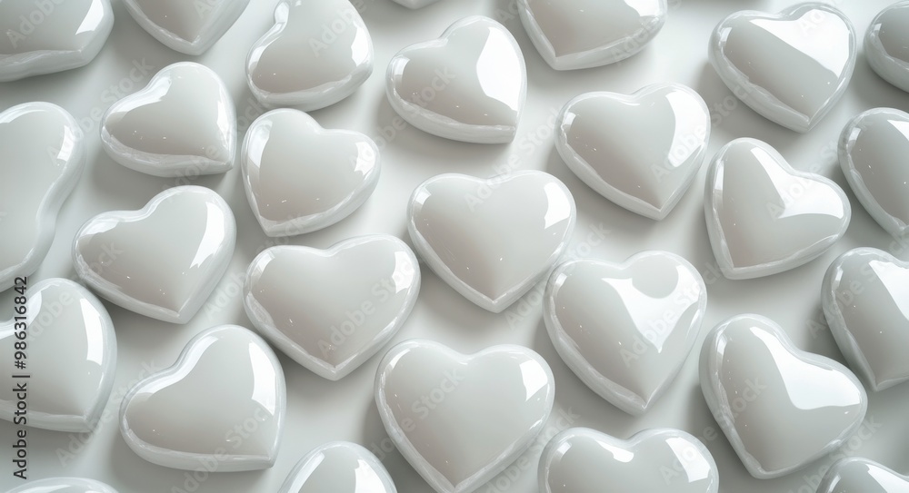 A collection of glossy white heart-shaped decorations scattered on a flat surface