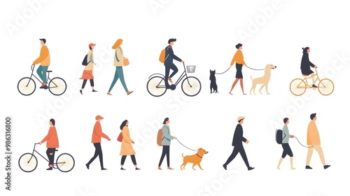 Vector illustration of people in different poses, riding bicycles and walking dogs on a white background, with a flat design, minimalist style, simple shapes, and a vector art style.