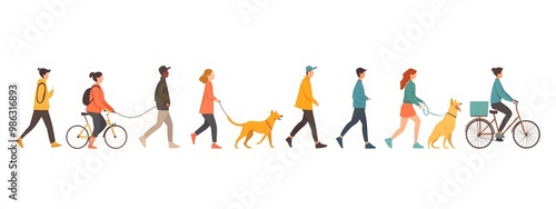 Wallpaper Mural Vector illustration of people in different poses, riding bicycles and walking dogs on a white background, with a flat design, minimalist style, simple shapes, and a vector art style. Torontodigital.ca