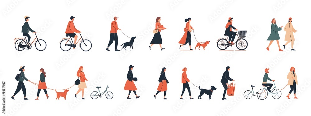 Vector illustration of people in different poses, riding bicycles and walking dogs on a white background, with a flat design, minimalist style, simple shapes, and a vector art style. Vector illustration of people in different poses, riding bicycles and walking dogs on a white background, with a flat design, minimalist style, simple shapes, and a vector art style.
