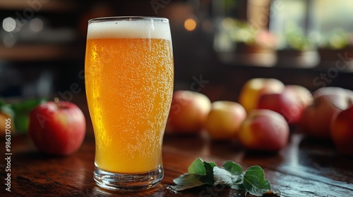Refreshing apple cider in a glass surrounded by fresh apples on a rustic wood...