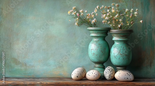 Arrangement of various eggs beside an hourglass on a neutral background durin...