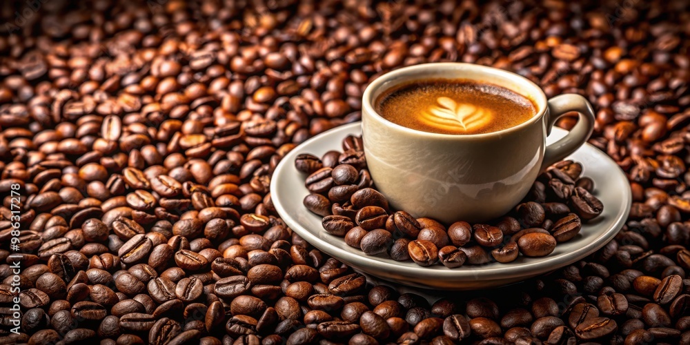 Fototapeta premium Close-up of a warm cup of coffee surrounded by aromatic coffee grains